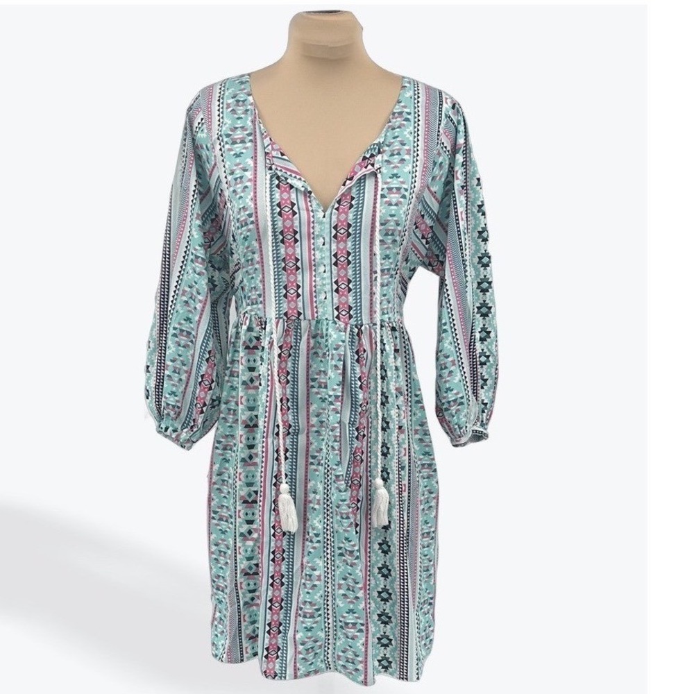 Rock and Roll Cowgirl Dress Medium Teal Pink Aztec Bohemian Festival Tunic